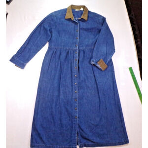 VTG 90s LL Bean Denim Barn Dress Womens 16P Petite Moleskin Collar Chore Maxi